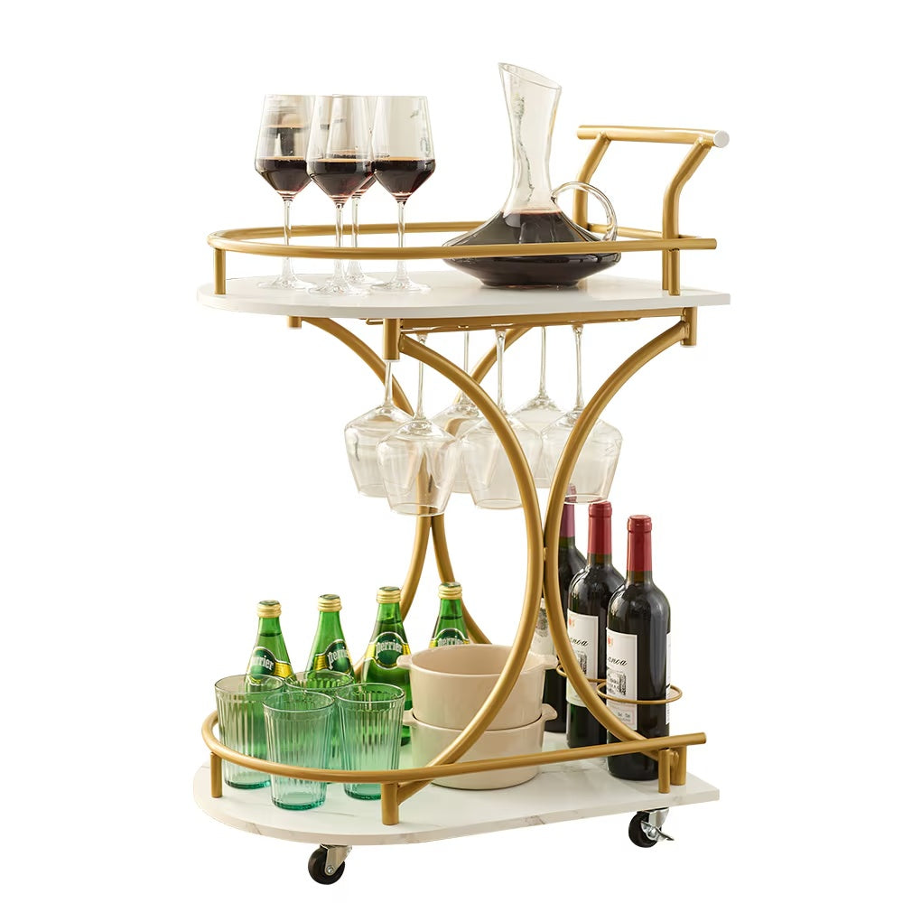 2 Tier Bar Car, Golden Wine Cart with Wine Rack & Glass Rack, Mobile Bar Service Car, Party, Home, Living Room Rolling Drink Car
