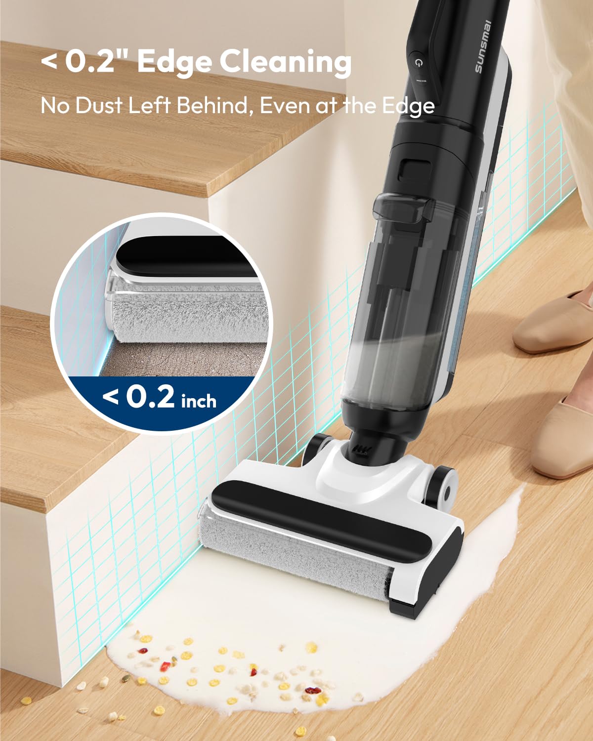 Vacuum cleaner cleaning under a piece of furniture with text highlighting edge cleaning capabilities.