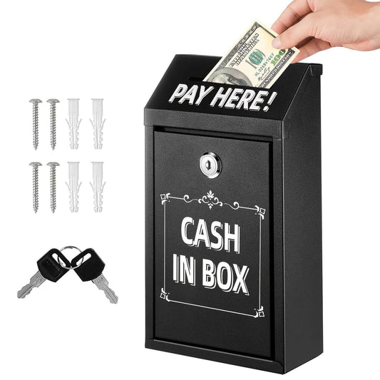Black Wall Mounted Metal Coin Box With Key Lock, Suitable For Home Office Or Outdoor Donation Storage
