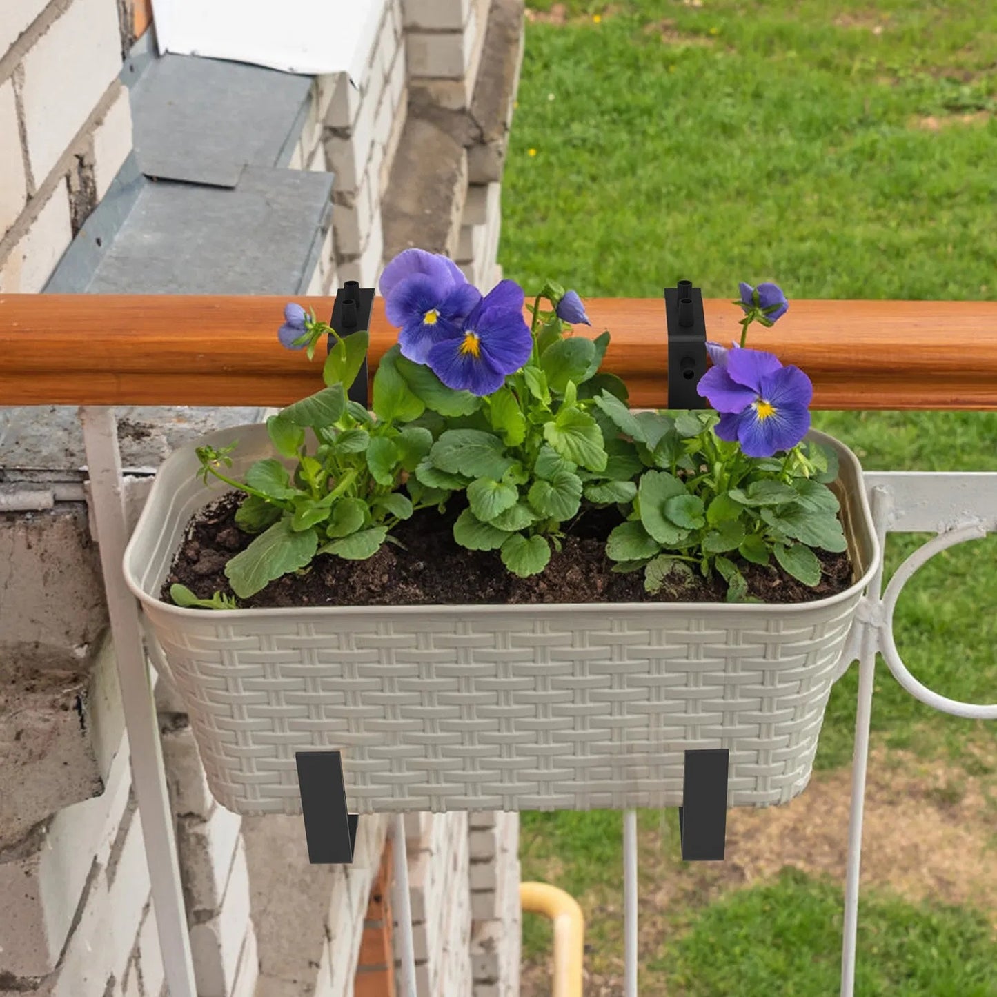 Telescopic Window Planter Bracket, Iron No-Drill Wall-Mounted Flower Box Holder, Tray & Dual-Size Hook, Indoor Outdoor Rustproof Rail Hanging Basket Support, With 24 Screws & Screw