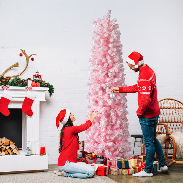 7.5 FT Snow Flocked Hinged Christmas Tree, Artificial Pencil Christmas Tree, Unlit Artificial Christmas Pine Tree With 641 Branch Tips And Sturdy Stand, Pink