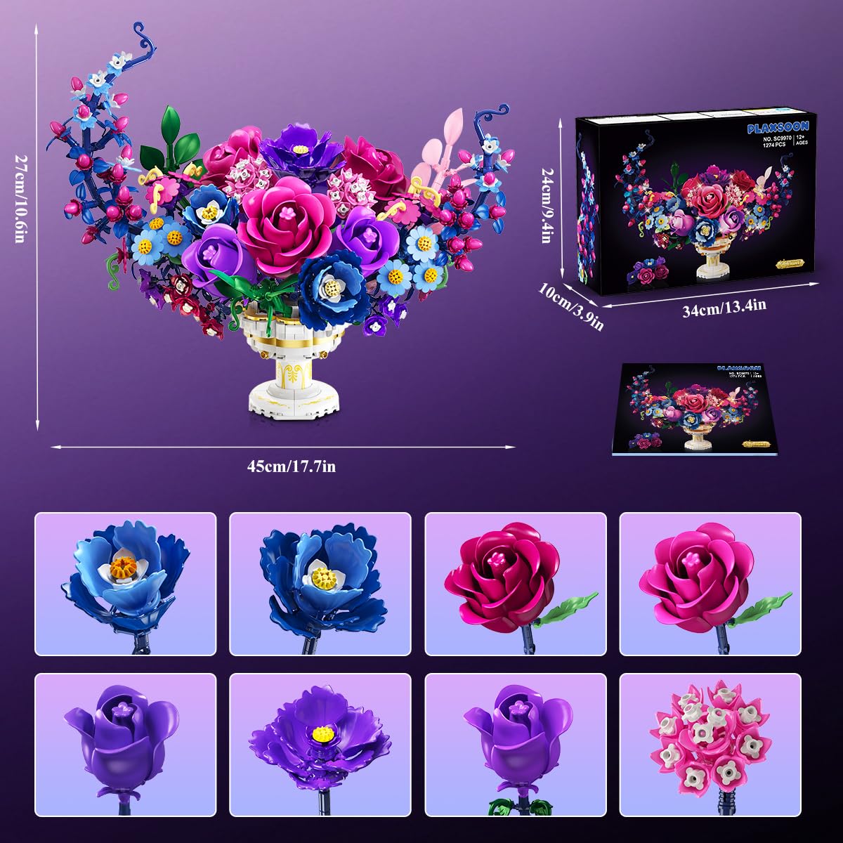 Colorful floral arrangement model with packaging and component display on a purple background