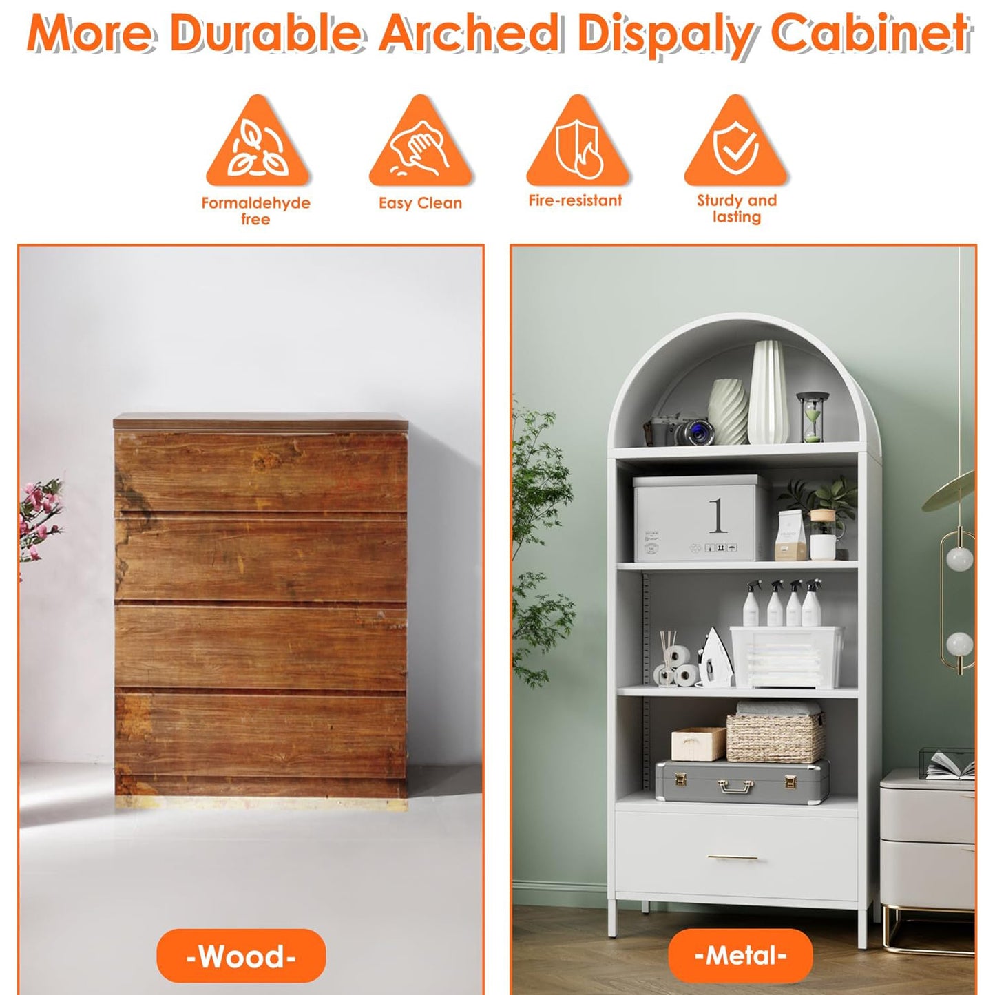 Metal Arched Household Storage Cabinet In Black And White Color