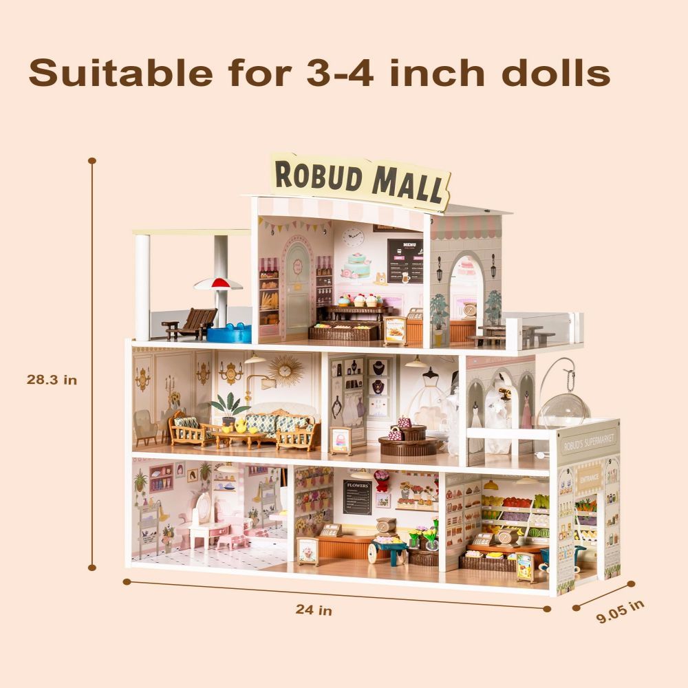 ROBOTIME Wood Dollhouse Shopping Mall Doll House With Lights Music For Xmas Gift