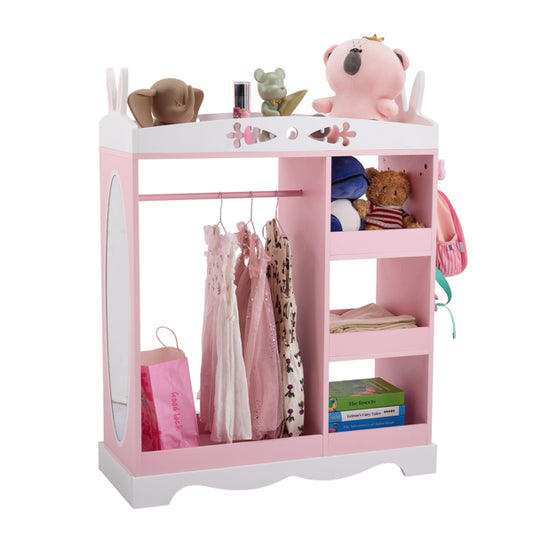 Pink and white children's wardrobe with toys and clothes on a white background
