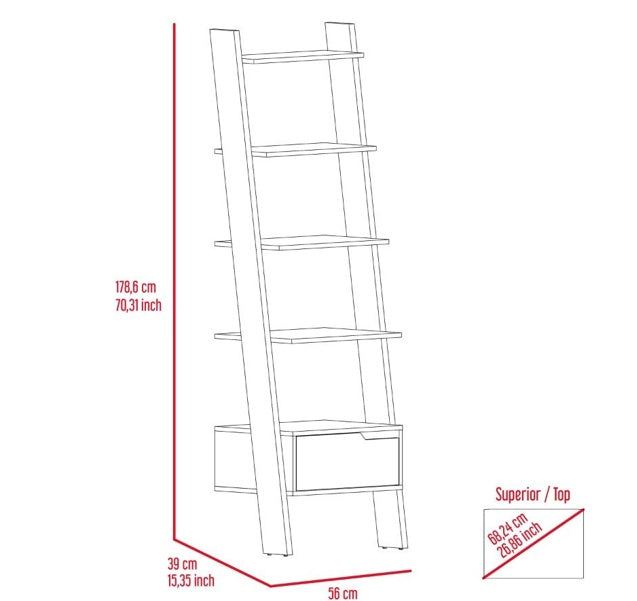 Trapezoidal Bookshelf, Four Legs, One Drawer, Five Open Shelves - Deep Walnut Wood