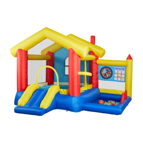 8-in-1 Inflatable Bounce House With Blower Basketball Stand Ocean Ball Throwing Ring Game Target And Sticky Ball Game For Kids