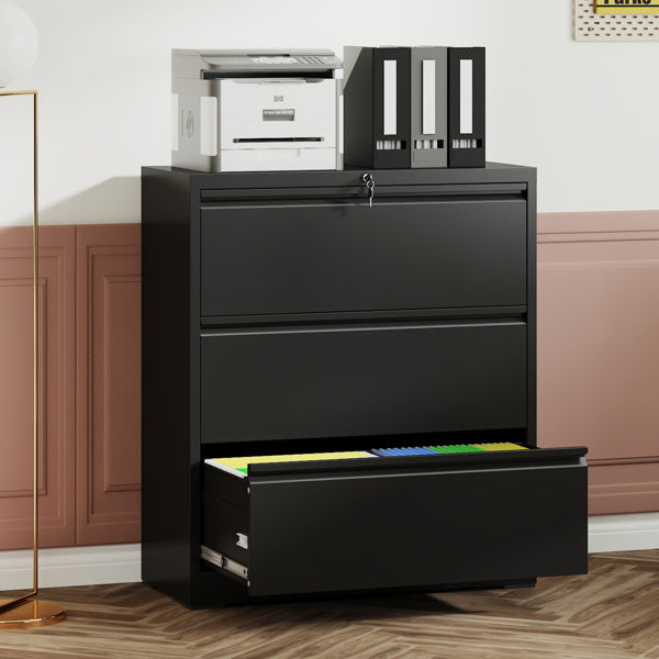 3 Drawer Lateral File Cabinet With Lock Heavy-Duty Metal Filing Cabinet For Home Office, Wide Storage For Letter Legal A4 F4, Silent Full-Extension Slides, Anti-Tilt Safety