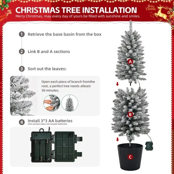 Set Of 3 Pre-lit Xmas Trees With Pot Stands,  Snow Flocked Artificial Christmas Trees WithWarm Lights Battery Operated And Branch Tips For Holiday Party Office Home