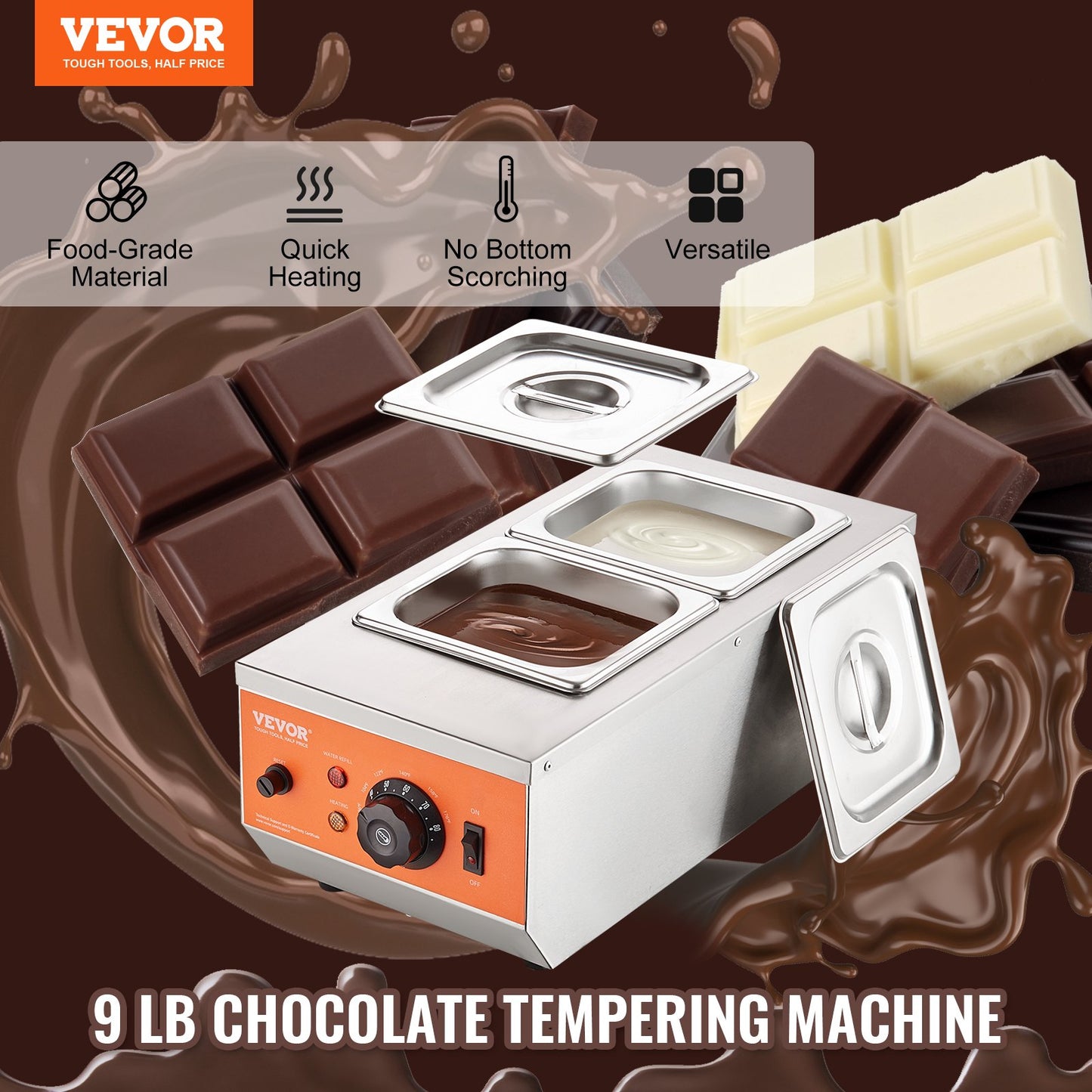 Chocolate Tempering Machine, 9 Lbs 2 Tanks Chocolate Melting Pot With TEMP Control 86~185F, 800W Stainless Steel Electric Commercial Food Warmer For Chocolate/Milk/Cream Melting And Heating