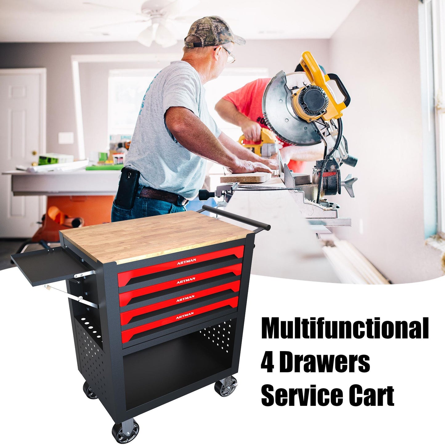 4 Drawer Multi-Purpose Utility Cart With Wheels And Wooden Top