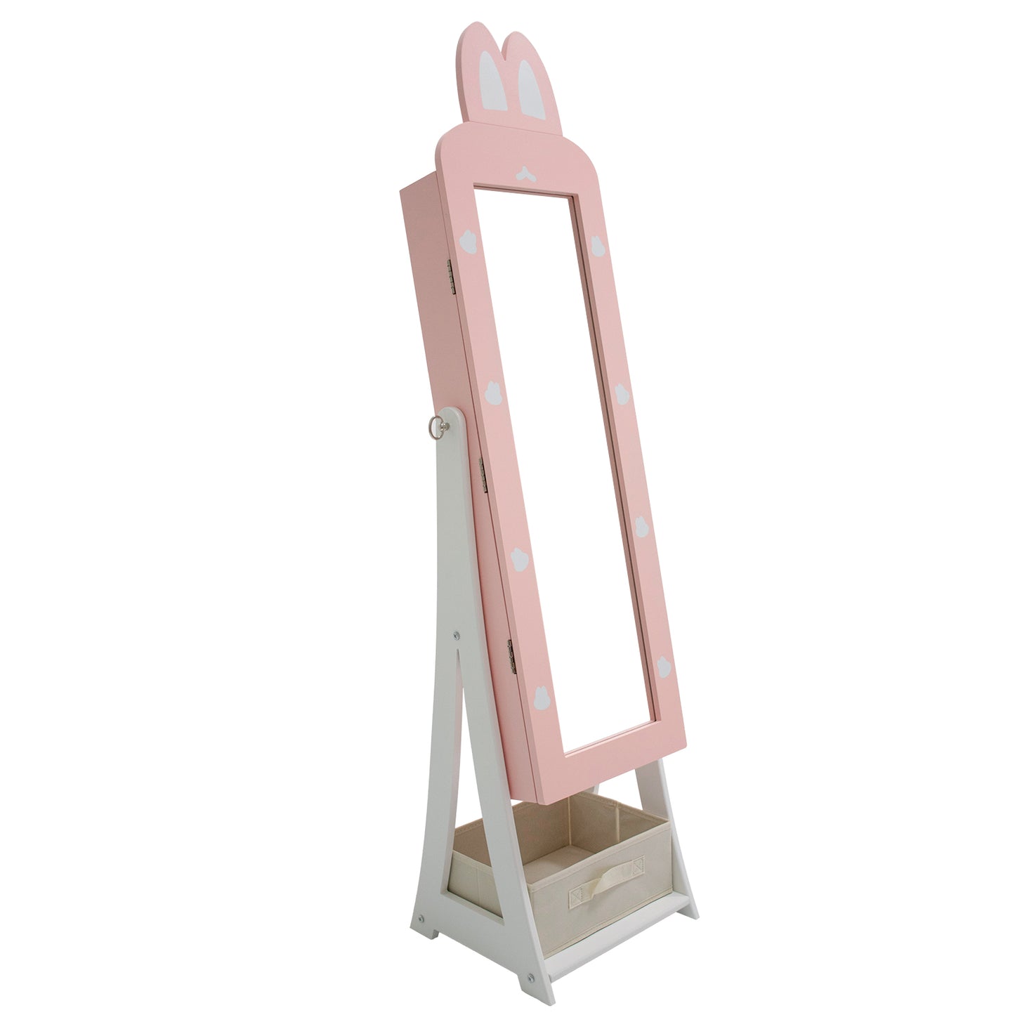 Jewelry Armoire Cabinet, Rabbit Themed Wooden Standing Jewelry Organizer W-Full-length Mirror And Storage Drawers, Children Dress Up Jewelry Cabinet For Little Girls Pink