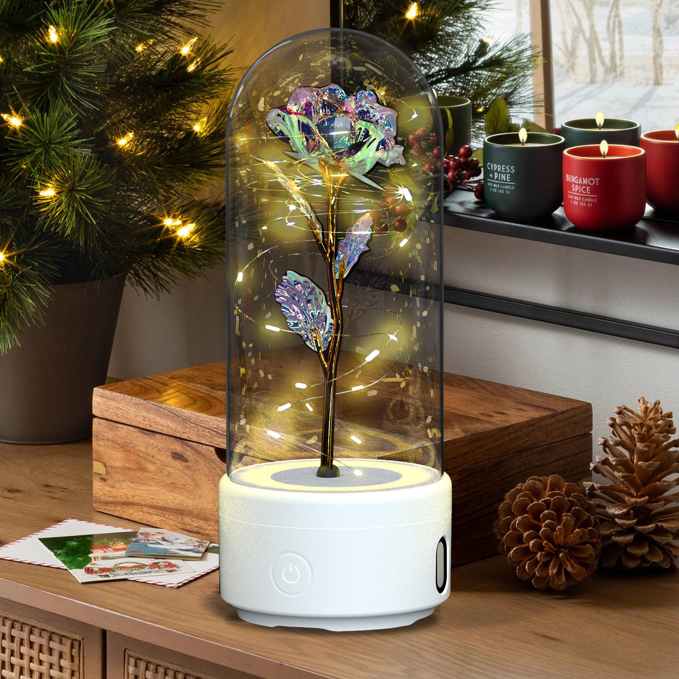 Creative 2 In 1 Rose Flowers LED Light And Bluetooth-compatible Speaker Gift Rose Luminous Night Light Ornament In Glass Cover