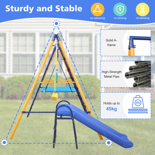 500 Lbs 7 In 1 Swing Set For Kids  Outdoor A Frame Heavy  Metal Swing Sets With Slide  2 Swing Seats 1 Climbing Net   Ladder 1 Gym Ring 1 Basket