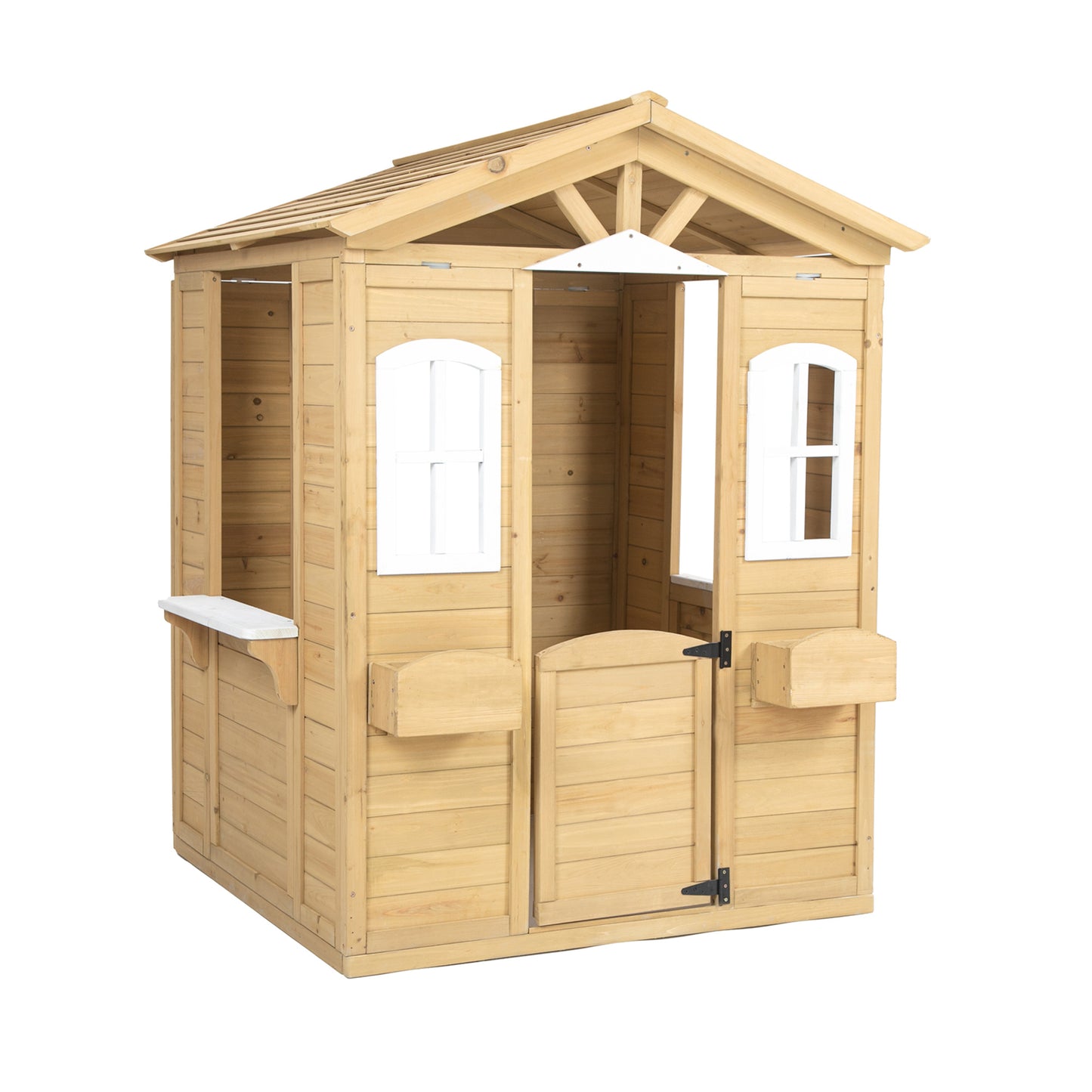 Wooden Outdoor Playhouse For Children With Work Doors, Windows, Mailbox, Flower Pot Stand