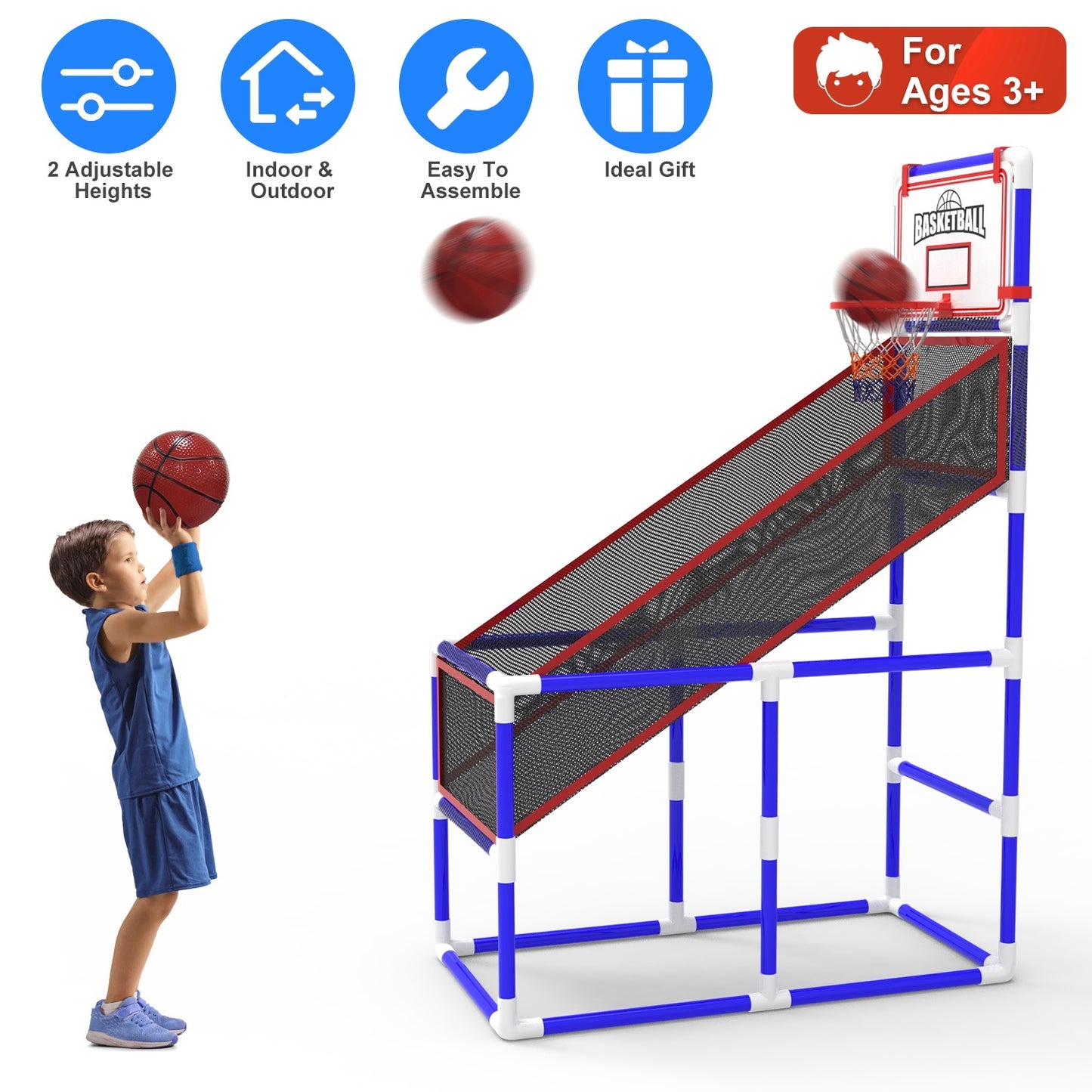 1Set Kids Basketball Game Set With 2 Balls Adjustable Height Basketball Hoop Arcade Game Indoor Outdoor Toys For Boys Girls Aged 3 To 12