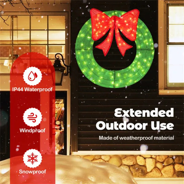 Pre-Lit Christmas Wreath - 200 LED Lights  Warm White Red , Large Bow , IP44 Weatherproof For Indoor Outdoor