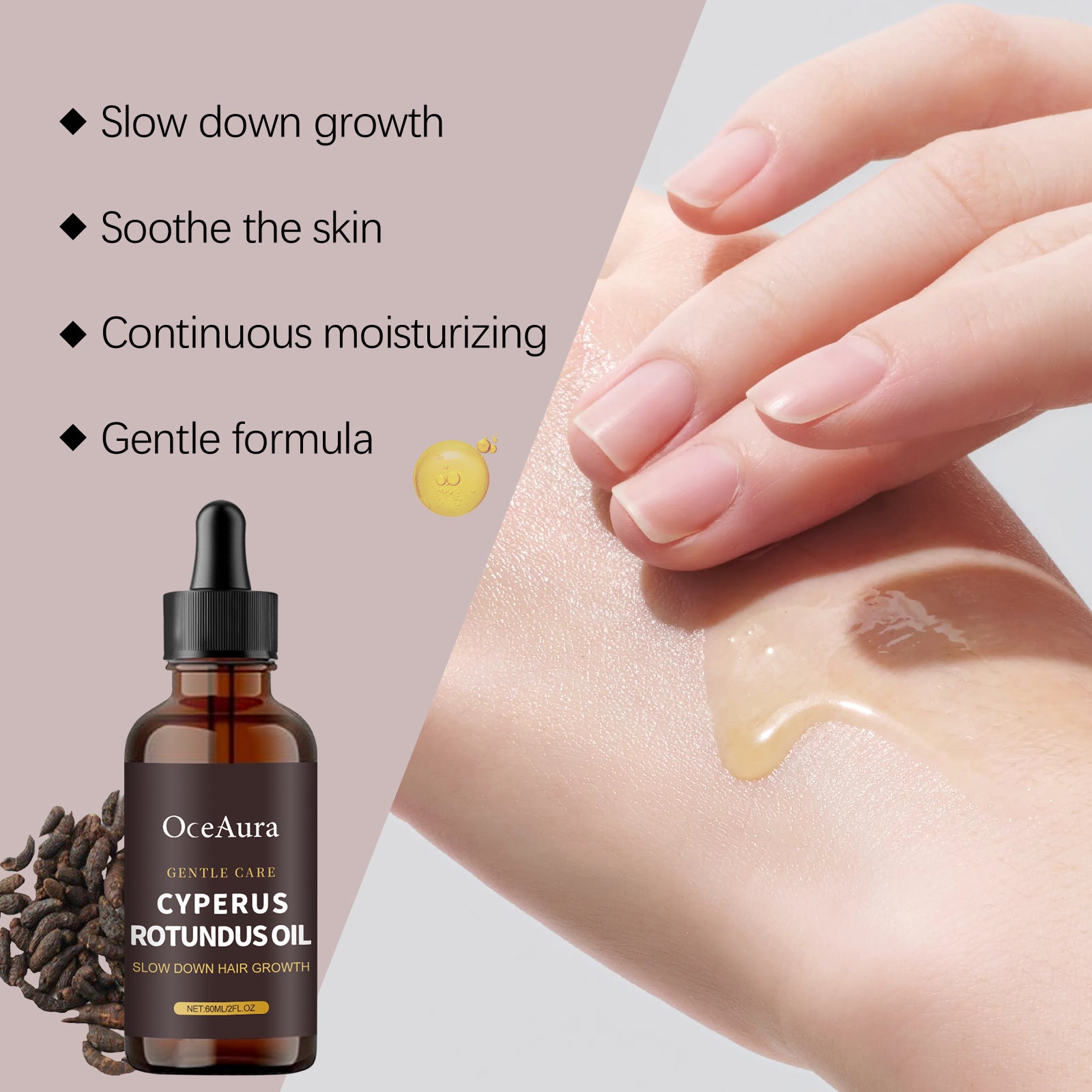 OceAura Cyperus Rotundus Oil bottle with a dropper on a beige background, showing oil being applied to skin.