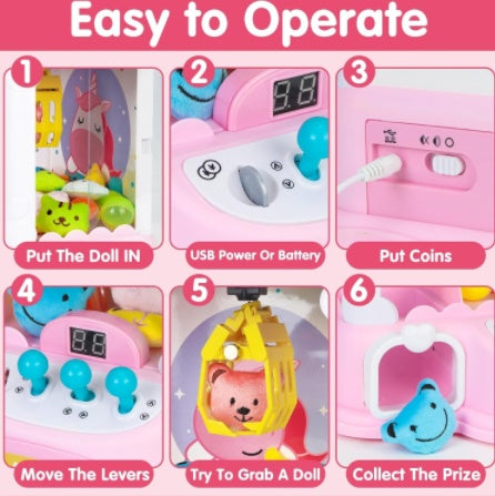 Pink Mini Claw Machine Unicorn Toy Suitable For Children Aged 6-8 Arcade Game Vending Machine, With LED Lights And Adjustable Sound Gift