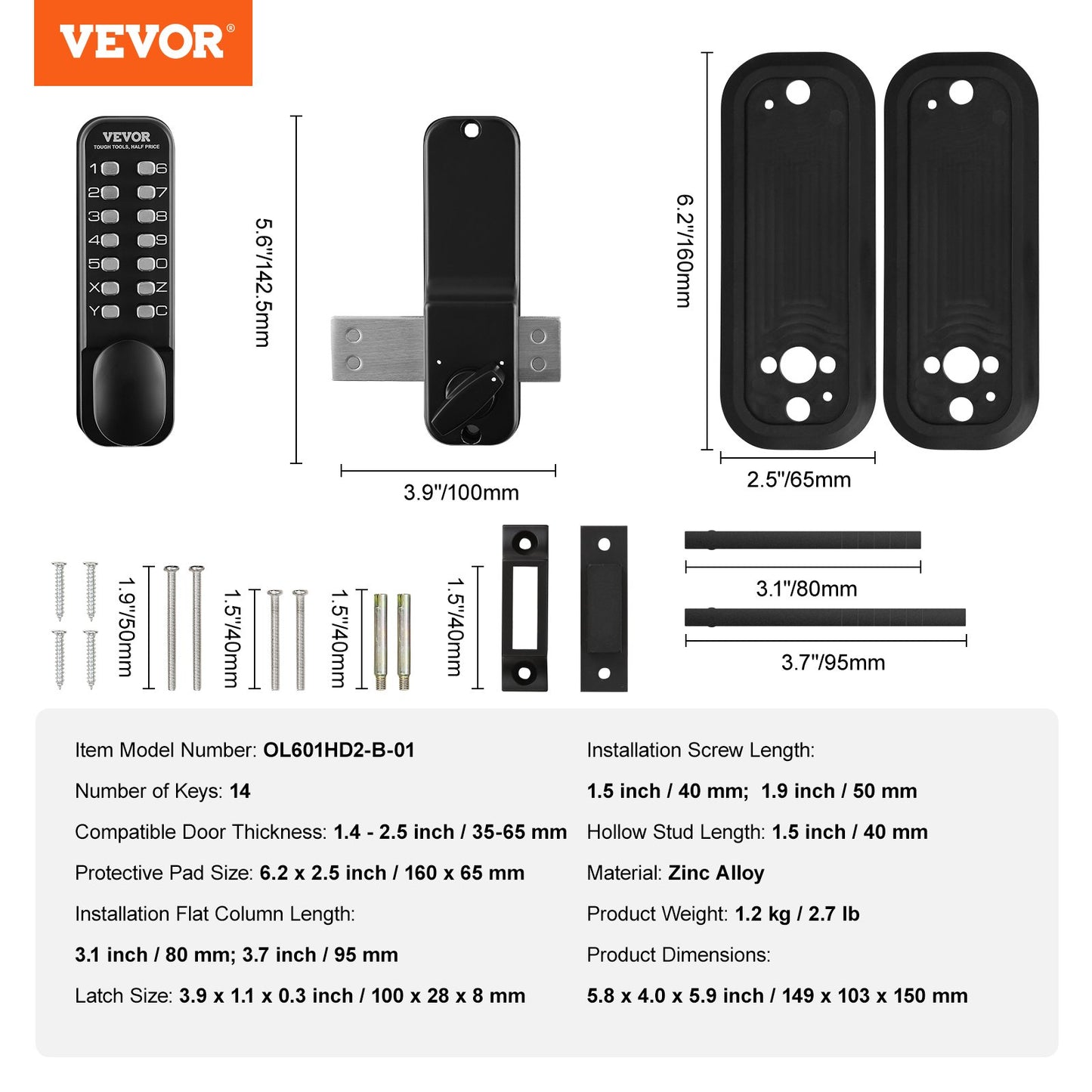 VEVOR Mechanical Keyless Entry Door Lock, 14 Digit Keypad, Outdoor Gate Door Locks Set With Surface-mounted Latch, Water-proof Zinc Alloy, Keypad And Knob, Easy To Install, For Garden, Garage, Yard