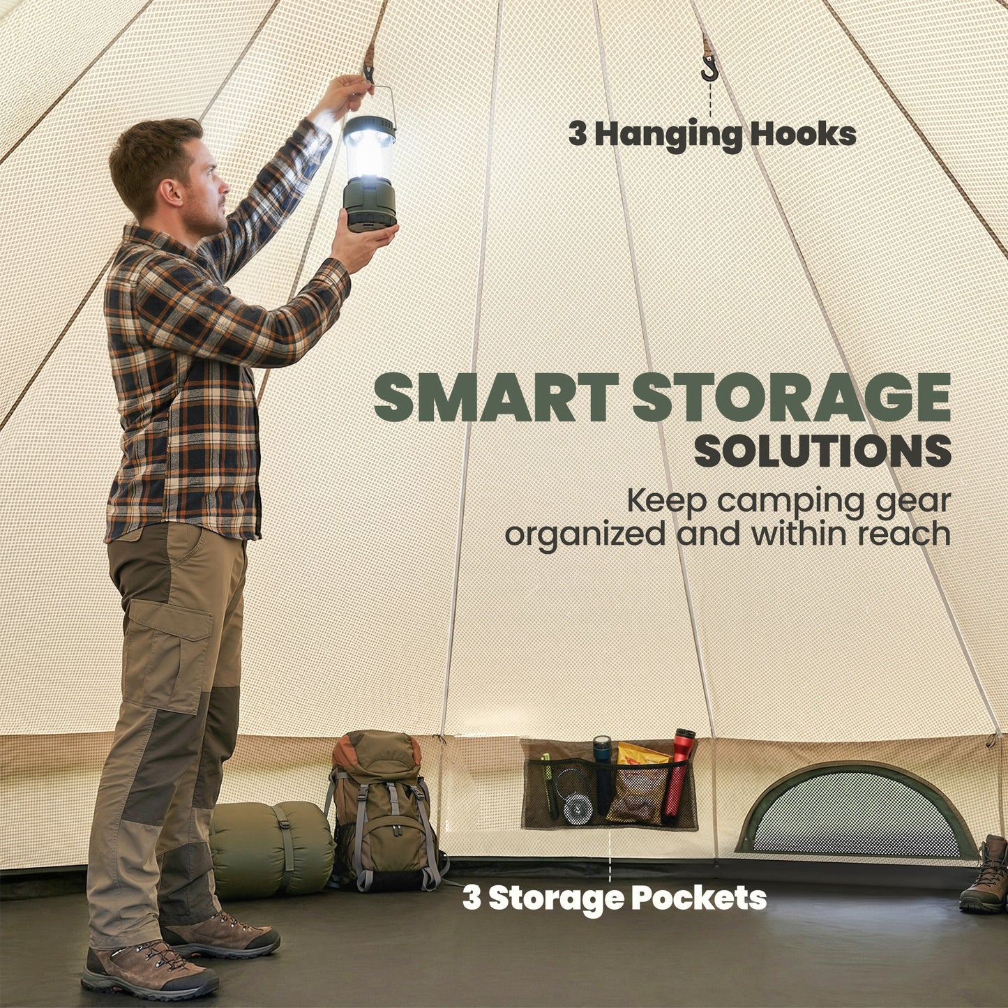 Person using a camping light inside a tent with text about smart storage solutions.