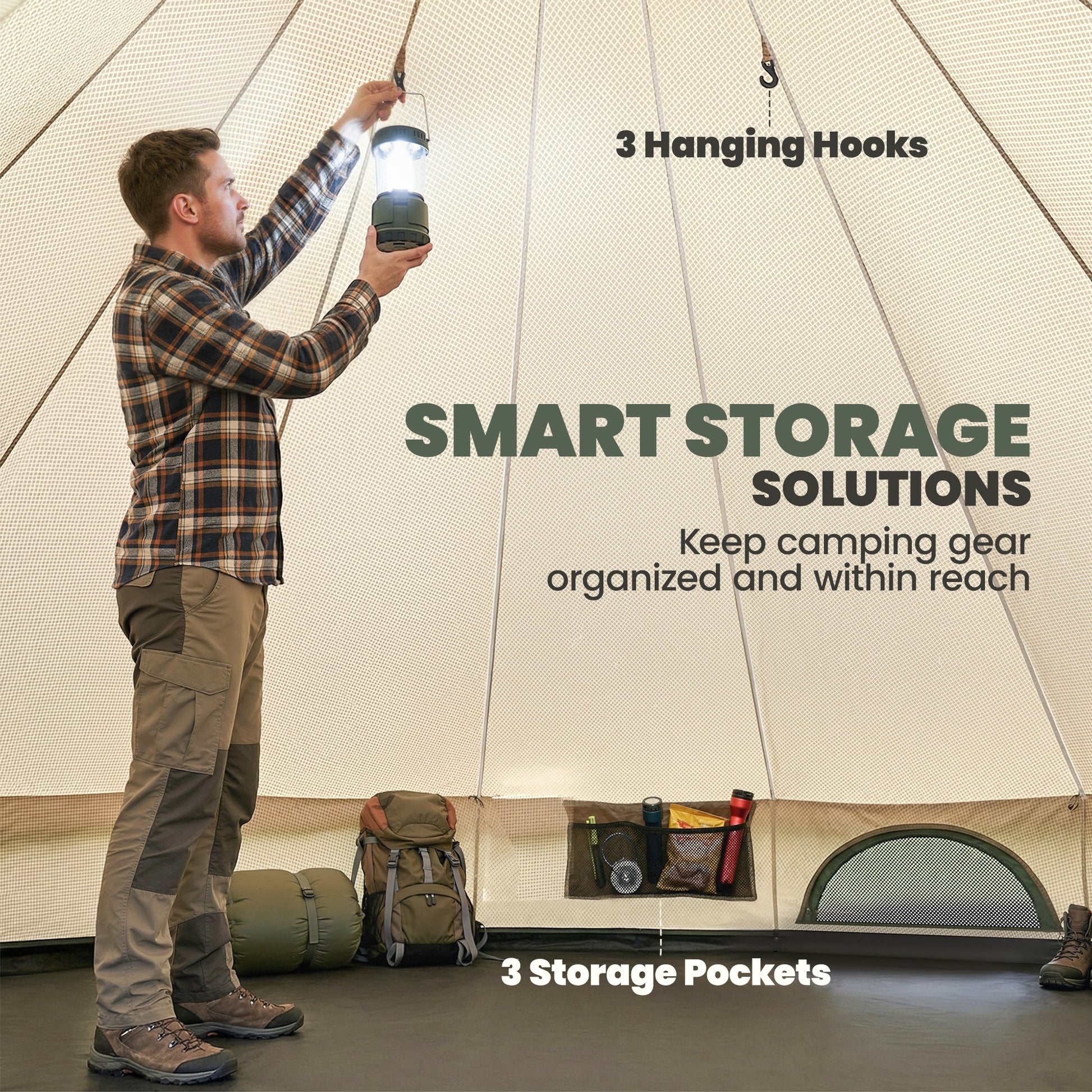 Person using a camping light inside a tent with text about smart storage solutions.