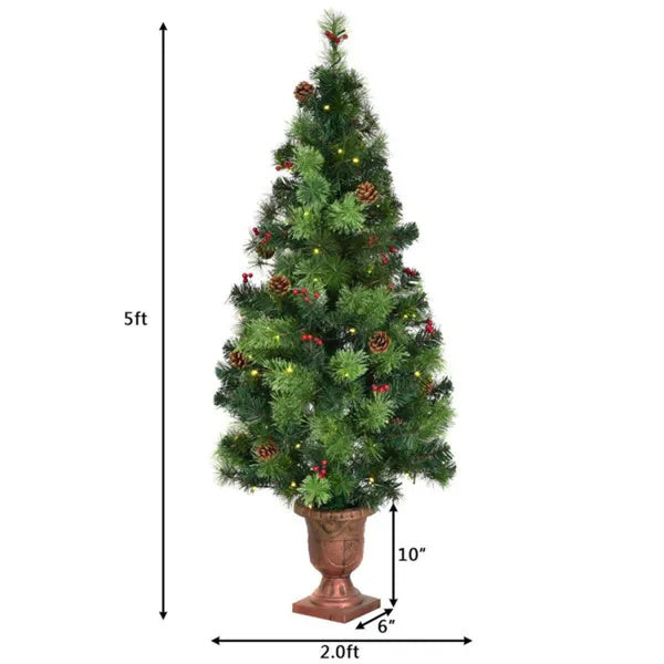 5ft Pre-Lit Artificial Christmas Tree - 100 Clear LED Lights 260 Tips PVC Red Berries Pine Cones UL Adapter
