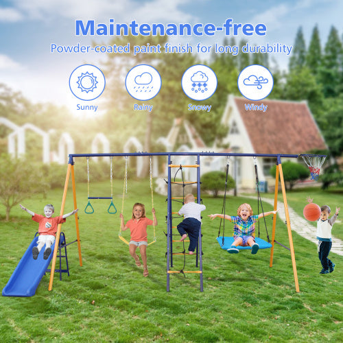 500 Lbs 7 In 1 Swing Set For Kids  Outdoor A Frame Heavy  Metal Swing Sets With Slide  2 Swing Seats 1 Climbing Net   Ladder 1 Gym Ring 1 Basket
