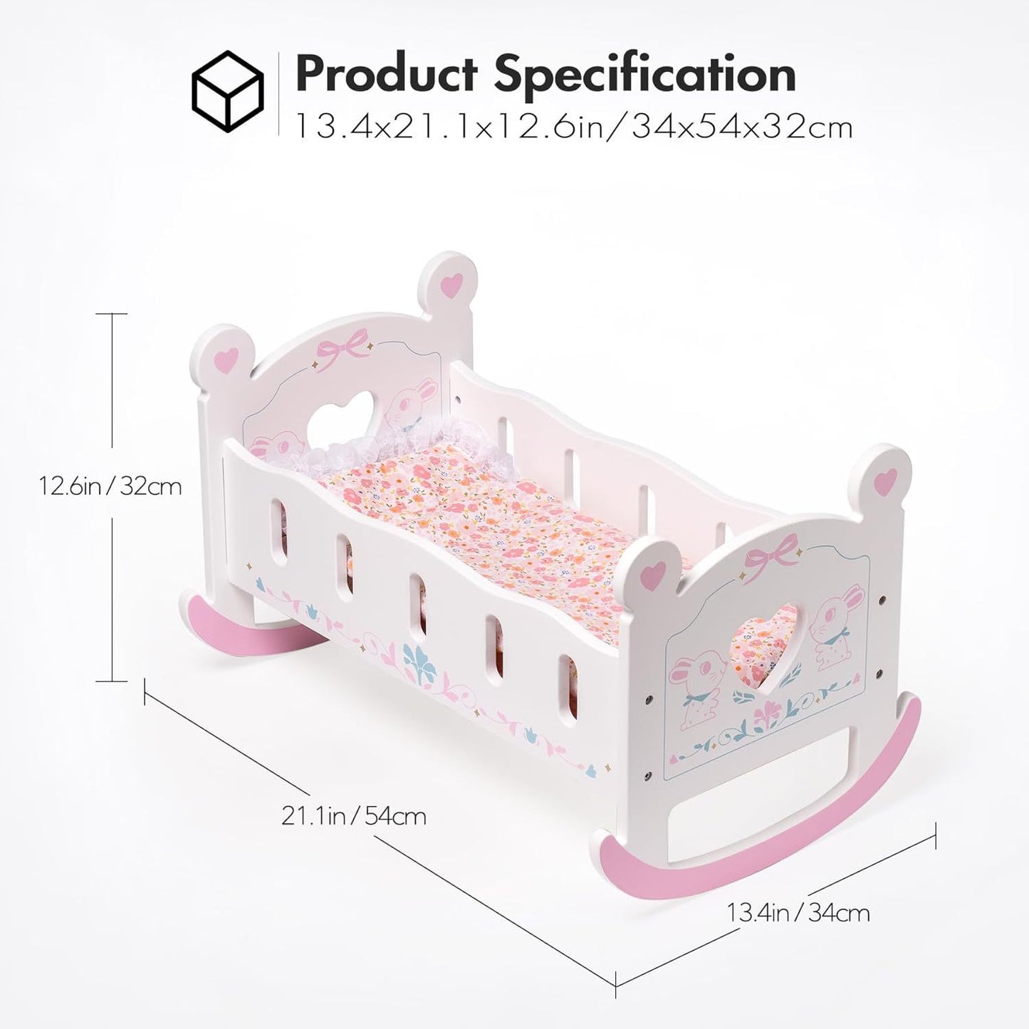 ROBOTIME Wooden Doll Cradle Rocking Baby Doll Crib Reversible Doll Bed For Girl