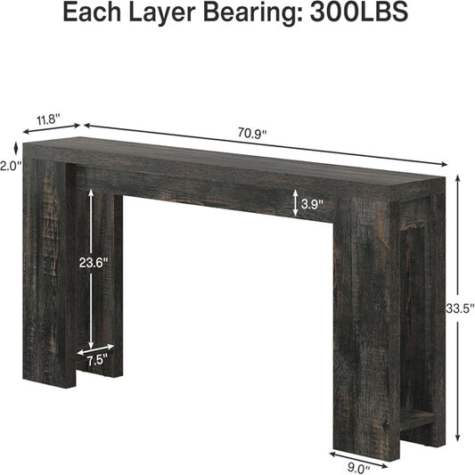 Wooden console table with dimensions and weight capacity label on a white background