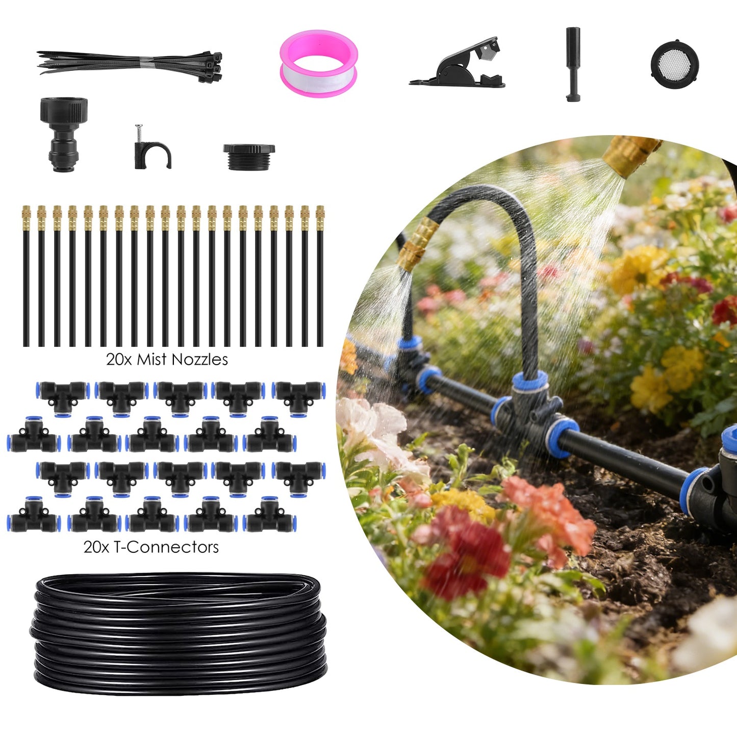 Garden irrigation system kit with various components and a close-up of the system in use.