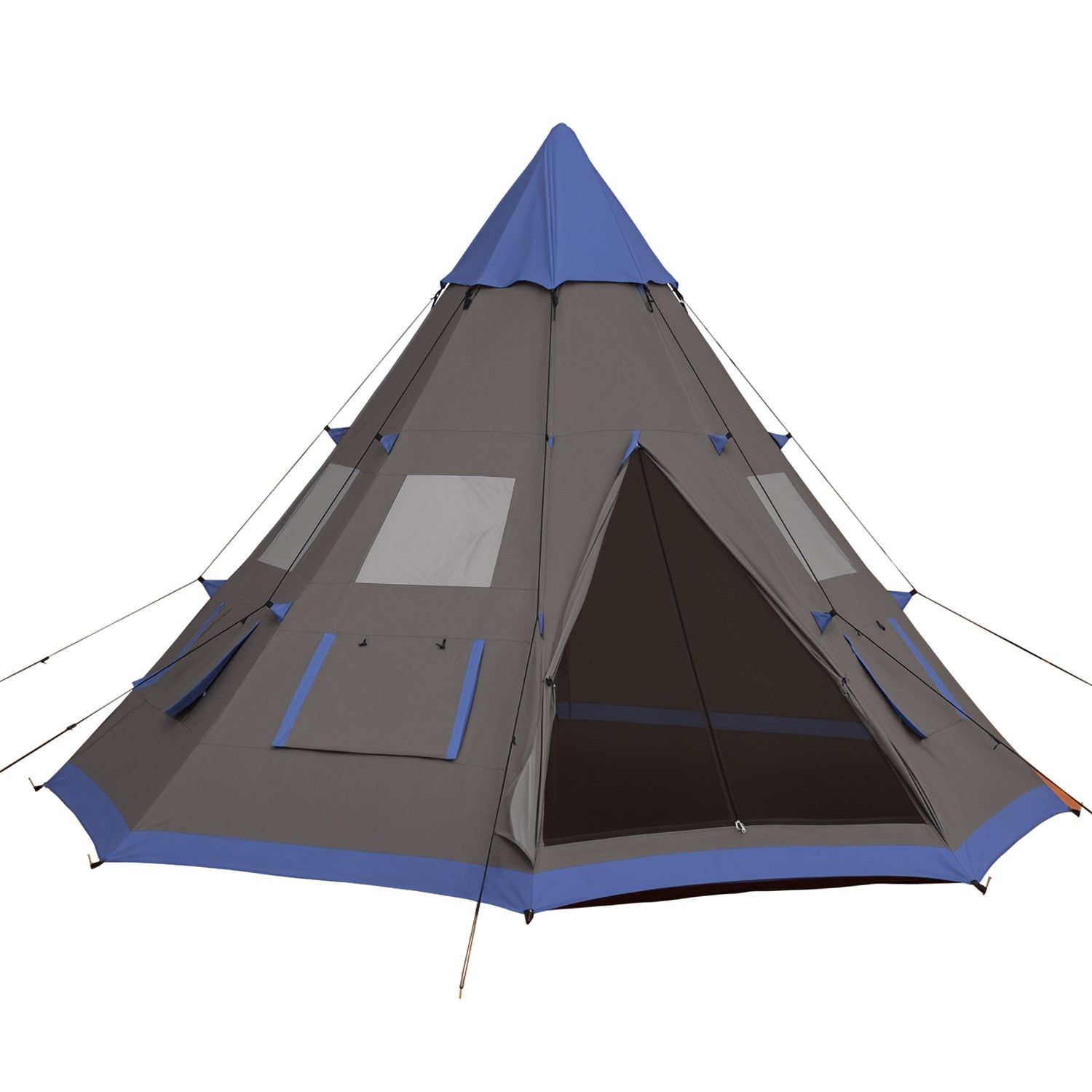 Gray and blue tent with a window on a white background