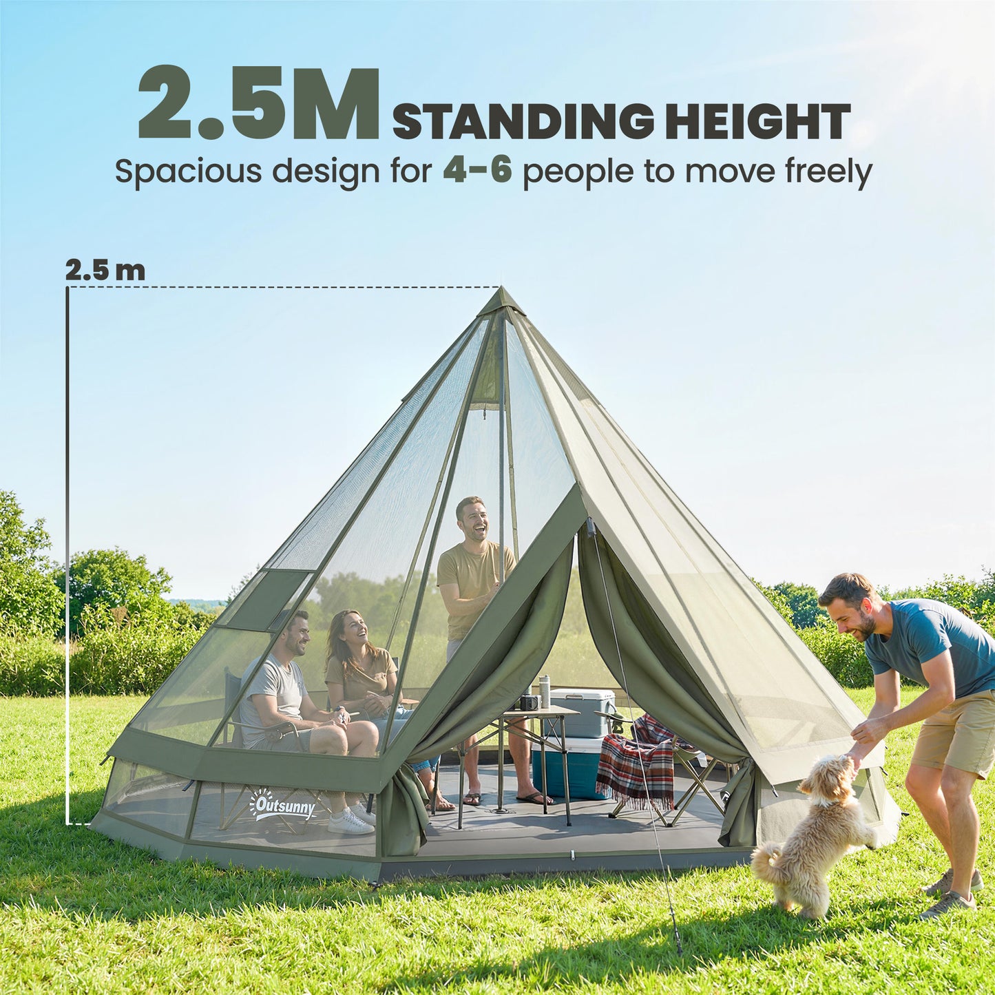 Camping tent with people and a dog in an outdoor setting, highlighting standing height.