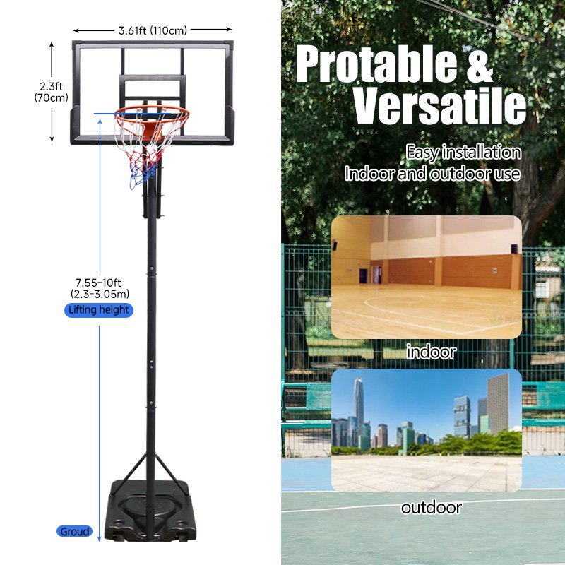 TotheCORE Basketball Stand 7.55-10.00 Ft Adjustable Portable Basketball Hoop & Goal PC Backplate, Large Base & Wheels