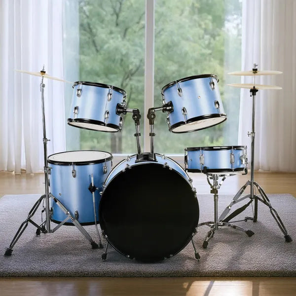 Full Size AdultDrum Set 5-Piece Blue With Bass Drum, Two Tom Drum, Snare Drum, Floor Tom, Stool, Drum Pedal, Sticks