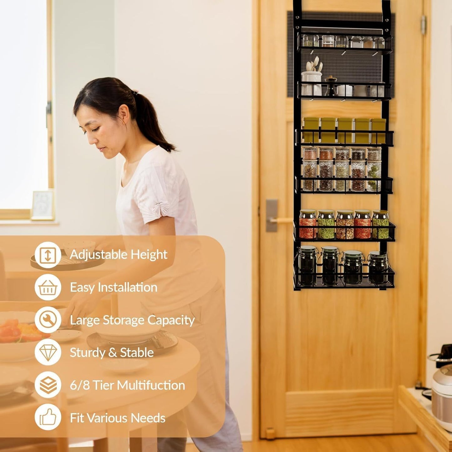 Behind-the-door Food Cabinet Storage Rack, Metal Hanging Spice Rack, Cabinet Door Storage Rack With Adjustable Basket, Kitchen Wall-mounted Spice Rack.