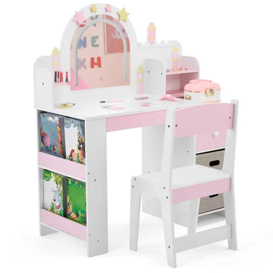 White And Pink Star And Castle Elements; MDF And Particleboard; Spray Paint, Silkscreen Printing, And Melamine Veneer; 1 Drawer, 2 Fabric Drawers, 2-tier Shelf; Children's Dressing Table Set