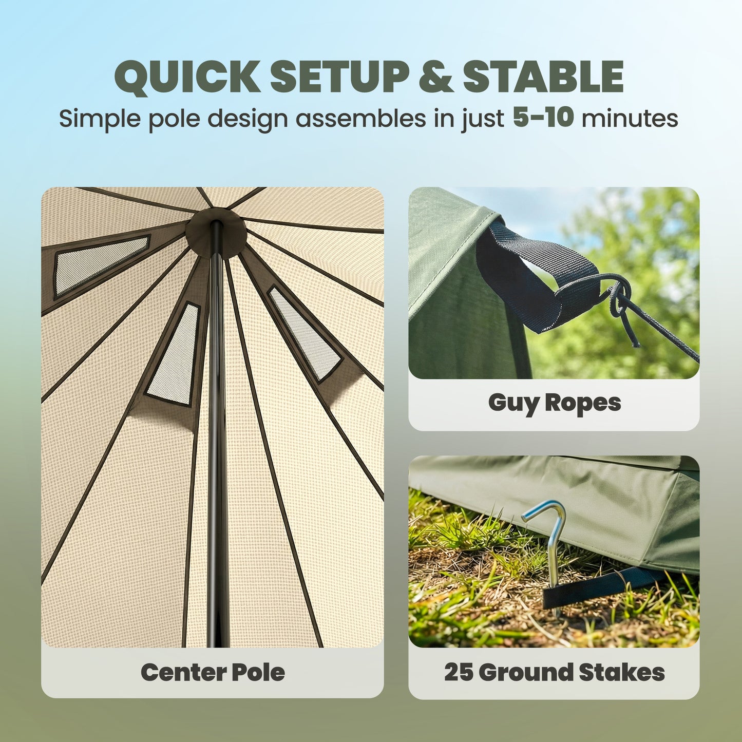 Quick setup and stable tent with center pole, guy ropes, and ground stakes on a light blue background.