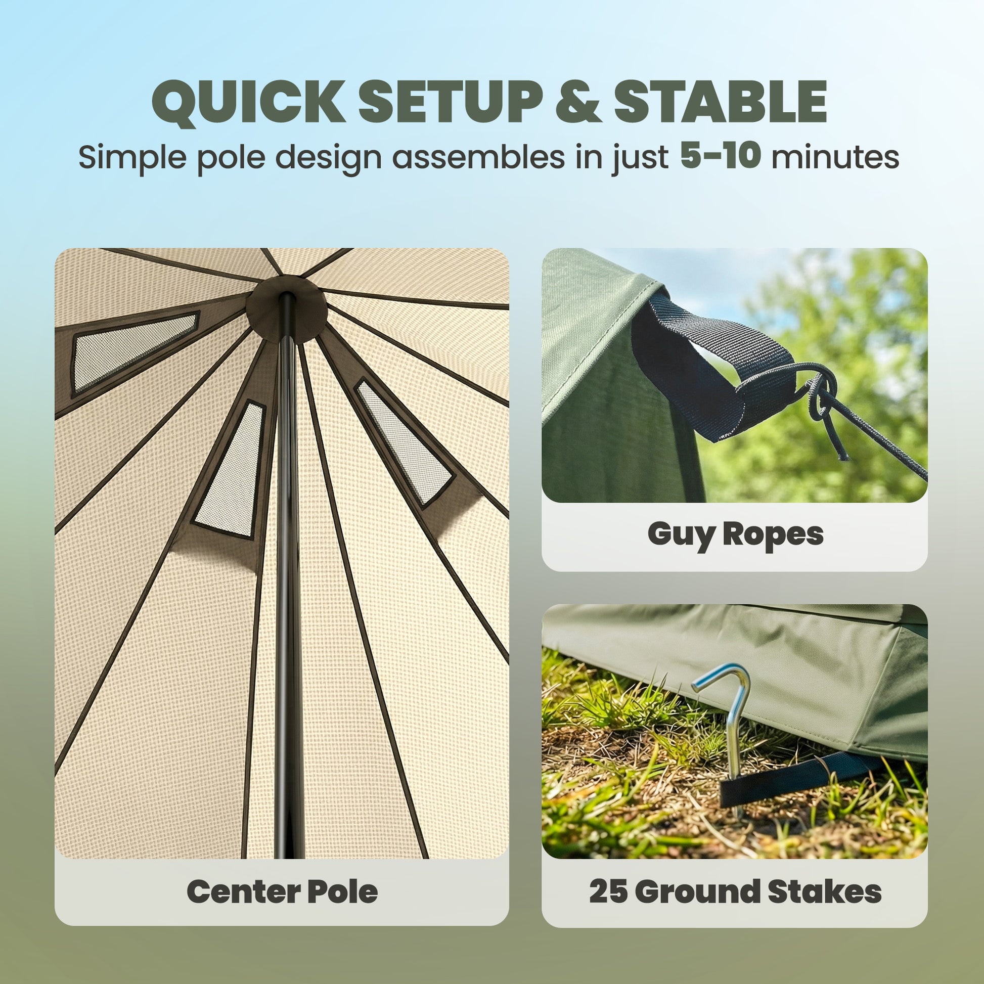 Quick setup and stable tent with center pole, guy ropes, and ground stakes on a light blue background.