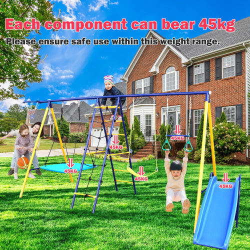 500 Lbs 7 In 1 Swing Set For Kids  Outdoor A Frame Heavy  Metal Swing Sets With Slide  2 Swing Seats 1 Climbing Net   Ladder 1 Gym Ring 1 Basket