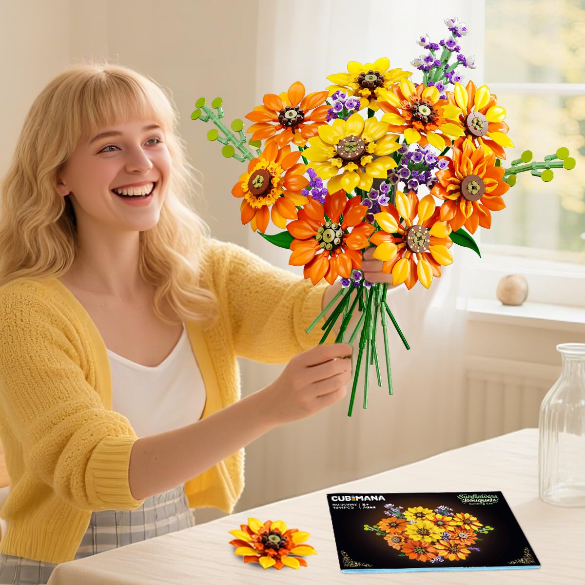 Woman holding a bouquet of colorful flowers indoors