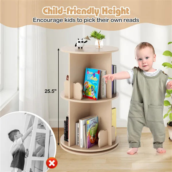 2-Tier Kids Rotating Bookshelf -  Display For Books Toys, Bear Baffles Child-Friendly Height, 22 Lbs Net Weight