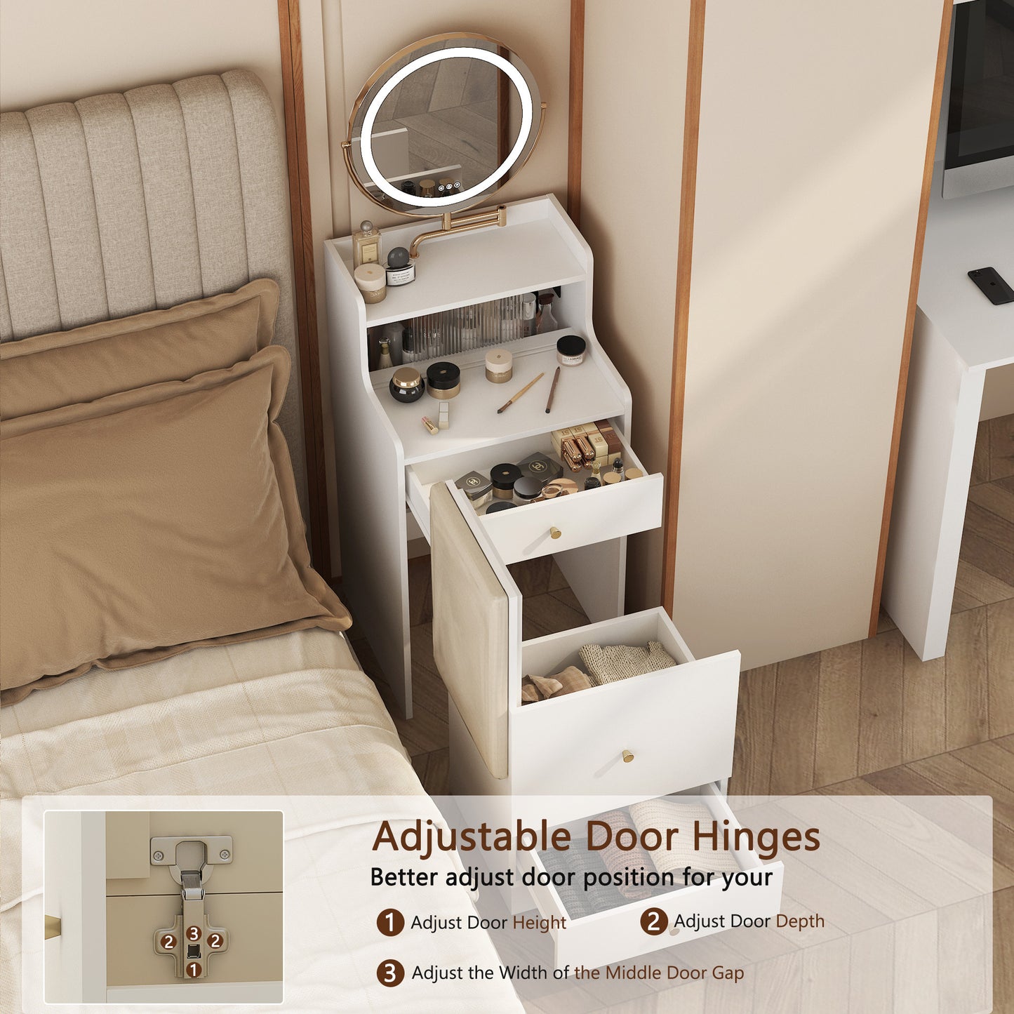 3 In 1 Vanity Desk With Mirror And Light ,Small Makeup Vanity Set With Charging Station, With 2 Drawers And Open Storage Space, With Upholstered Stool, Compact Dressing Table Writing Desk For Small Sp
