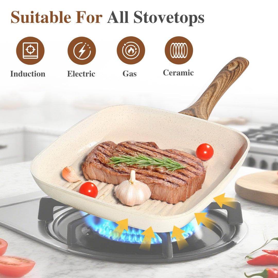 Nonstick Frying Pan Skillet Set, 3 Piece Square Grill Pans With Stay Cool Handle & PFOA Free, Compatible With All Stovetops