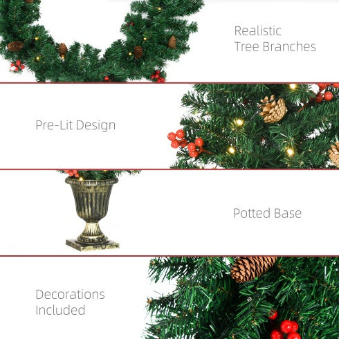 HOMCOM Prelit Holiday Christmas 4-Piece Set, Garland Wreath And Set Of 2 Entrance Trees With Warm White LED Lights, Red Berries, Pine Cones, Green