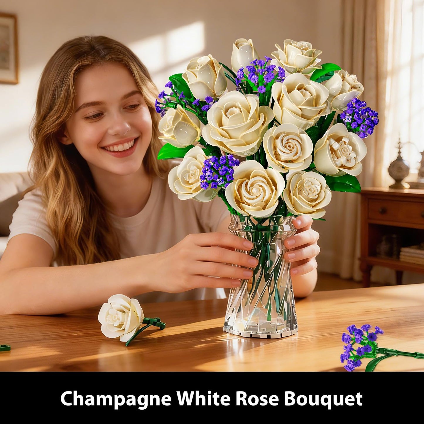 Woman holding a bouquet of champagne white roses and purple flowers in a clear vase.