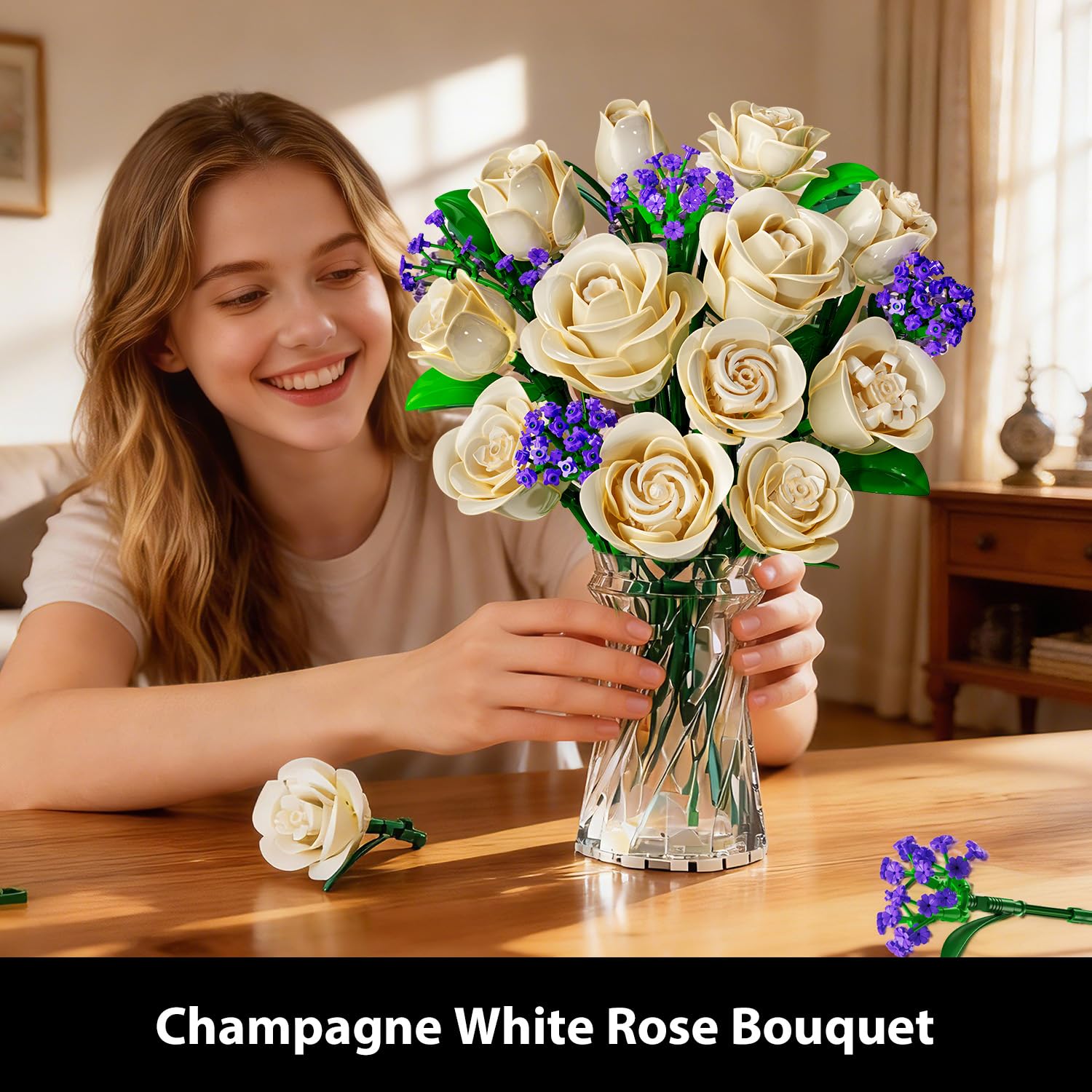 Woman holding a bouquet of champagne white roses and purple flowers in a clear vase.
