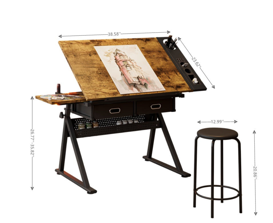 Adjustable Drawing Drafting Table Desk With 2 Drawers For Home Office And School With Stool  Wood