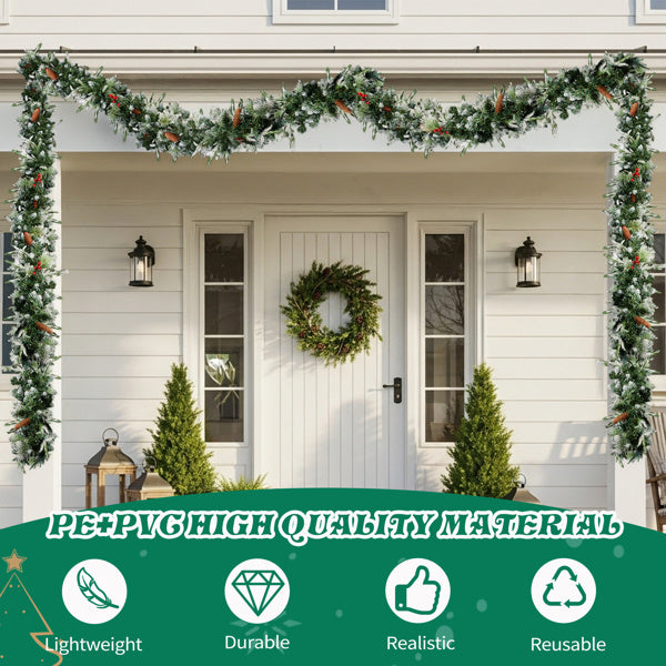 2 Pack 9FT Pre-lit Snow Flocked Christmas Garland, Lighted Artificial Xmas Garland With 200 Warm Lights And 440 Tips And Red Berries, For Front Door Gate Wall Xmas Party Decorations, Snowy Green