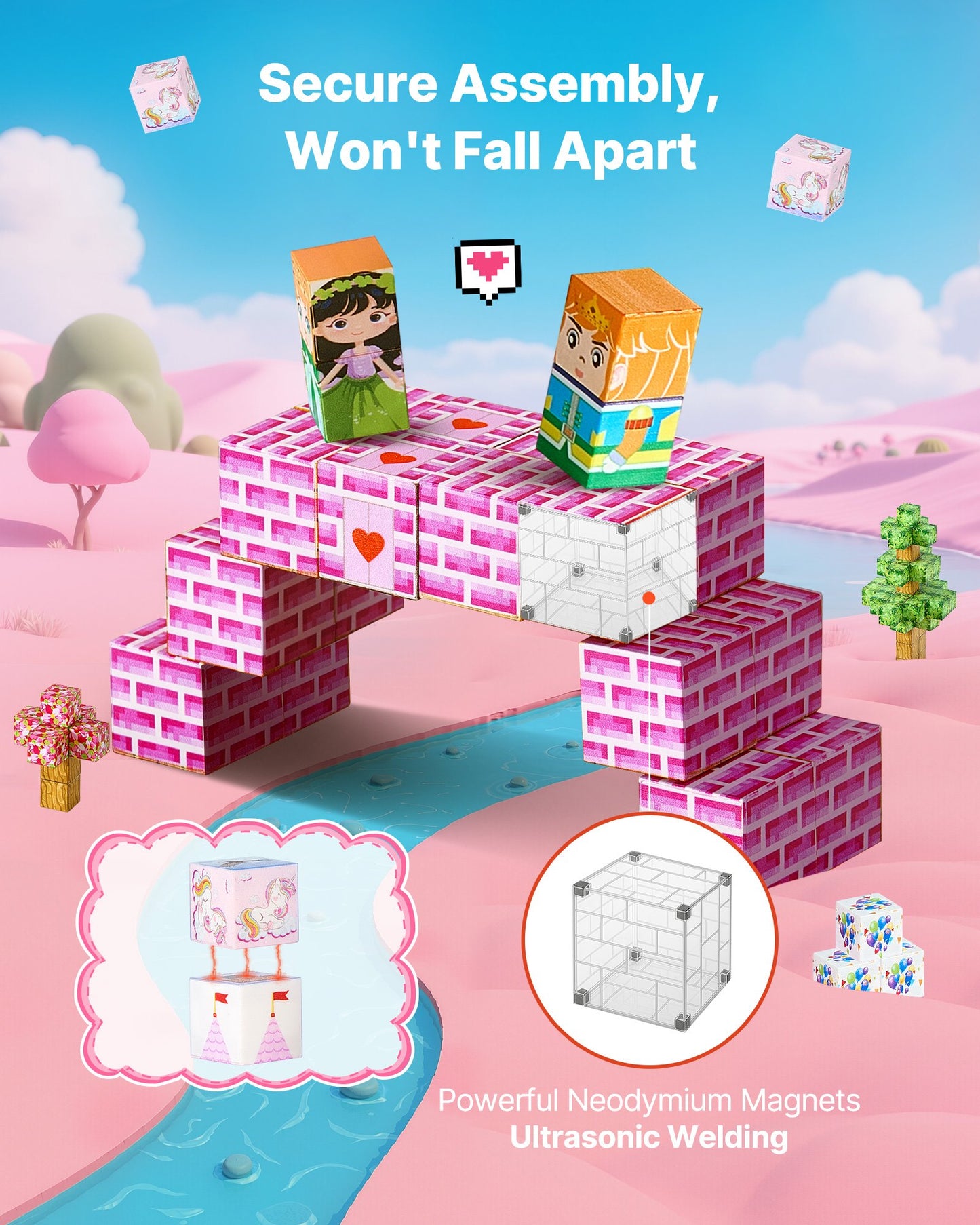 Toy building set with magnetic blocks on a colorful landscape background